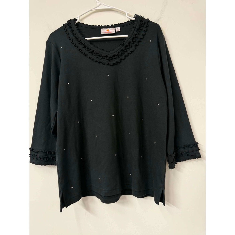 Quacker Factory Black Ruffle V-Neck Rhinestone 3/4 Sleeve Cotton Knit Top Medium